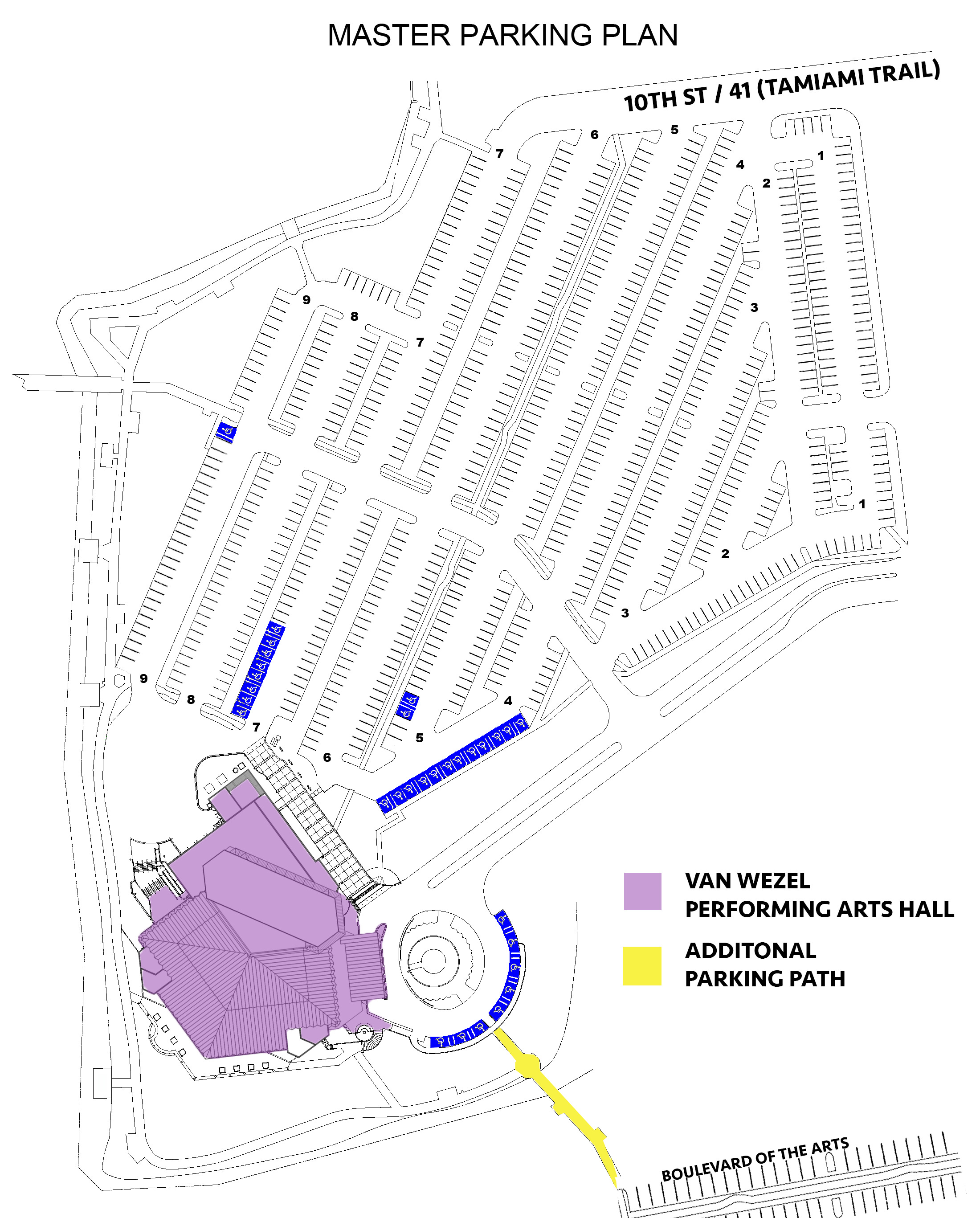 The parking lot accommodates 850 vehicles and is accessible from 10th Street and 6th Street (Boulevard of the Arts) from US 41 (North Tamiami Trail).